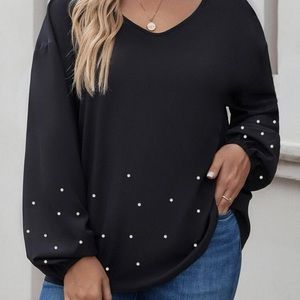 Plus Pearls Beaded Lantern Sleeve Blouse